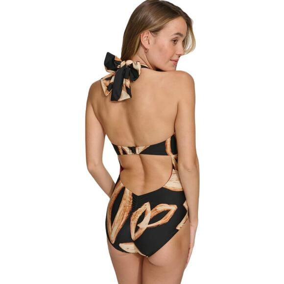 DKNY Halter Ring One Piece Swimsuit color Painted Leaf Large NWT - Picture 3 of 13